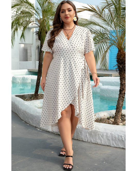 Khaki Polka Dot Surplice V Neck Tied Waist Midi Dress