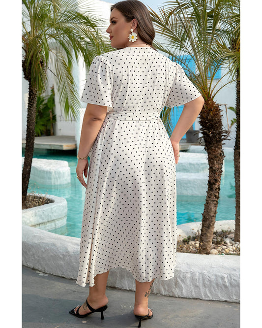 Khaki Polka Dot Surplice V Neck Tied Waist Midi Dress
