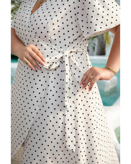 Khaki Polka Dot Surplice V Neck Tied Waist Midi Dress