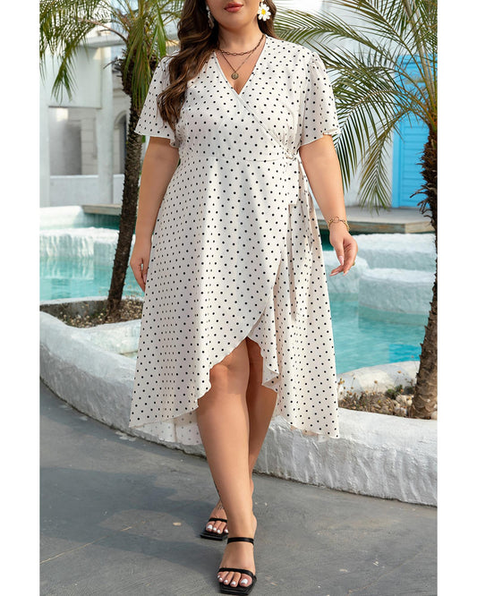 Khaki Polka Dot Surplice V Neck Tied Waist Midi Dress