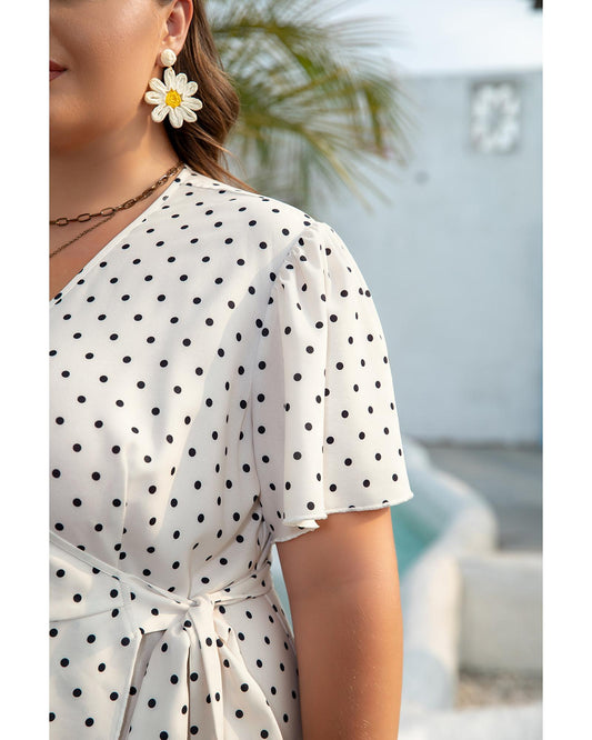 Khaki Polka Dot Surplice V Neck Tied Waist Midi Dress