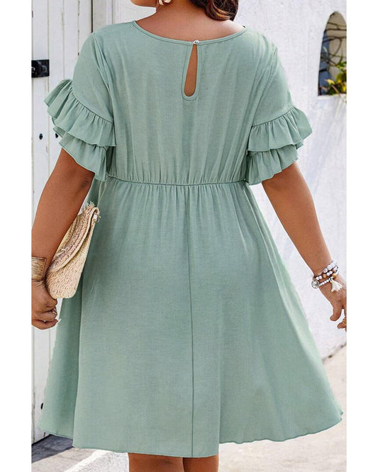 Grass Green Ruffle Trim Short Sleeve Plus Size Flared Mini Dress - 1X