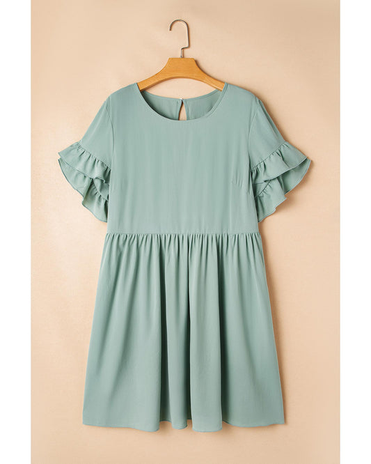 Grass Green Ruffle Trim Short Sleeve Plus Size Flared Mini Dress - 1X