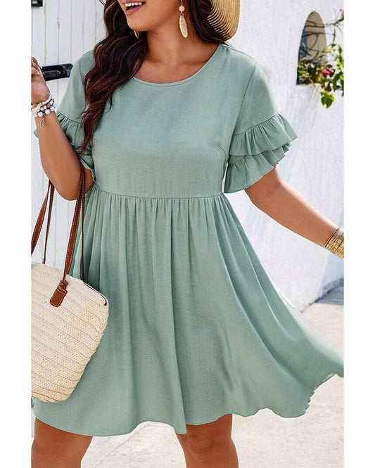 Grass Green Ruffle Trim Short Sleeve Plus Size Flared Mini Dress - 2X
