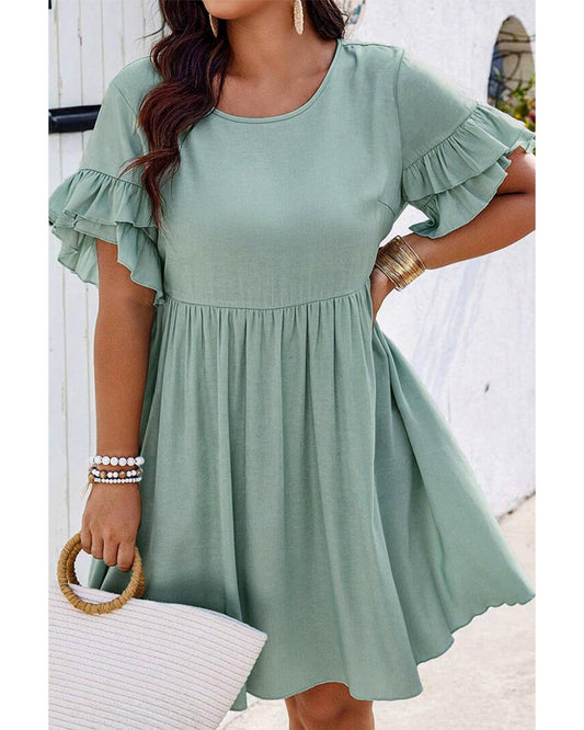 Grass Green Ruffle Trim Short Sleeve Plus Size Flared Mini Dress - 2X