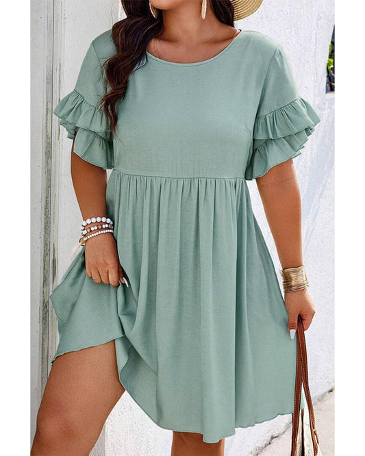 Grass Green Ruffle Trim Short Sleeve Plus Size Flared Mini Dress - 2X