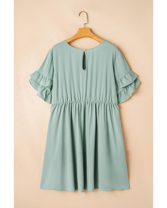 Grass Green Ruffle Trim Short Sleeve Plus Size Flared Mini Dress - 2X