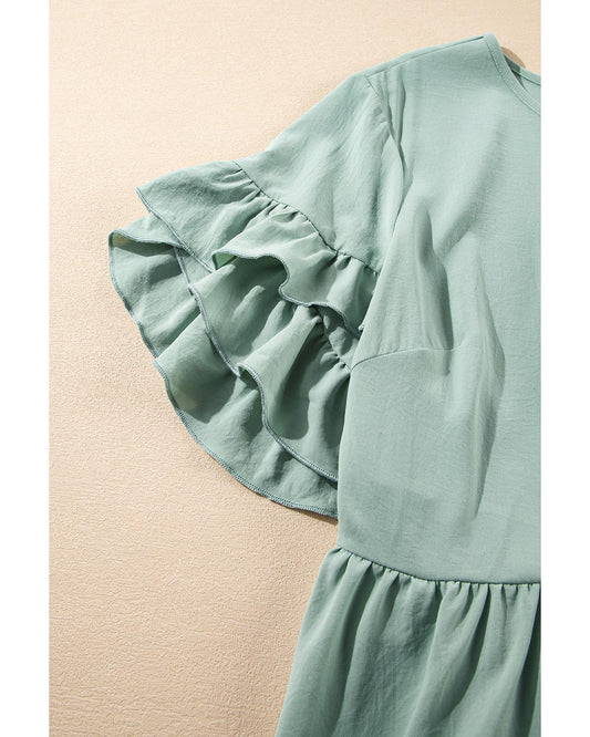 Grass Green Ruffle Trim Short Sleeve Plus Size Flared Mini Dress - 2X