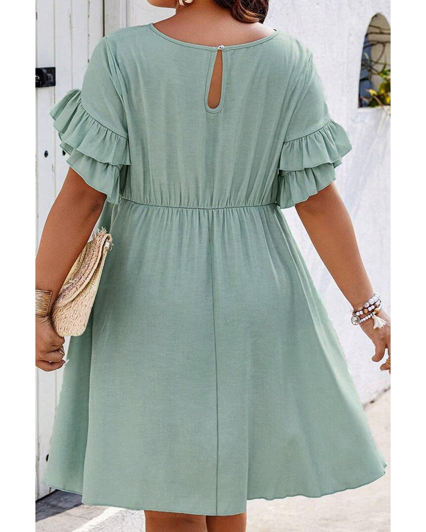 Grass Green Ruffle Trim Short Sleeve Plus Size Flared Mini Dress - 4X