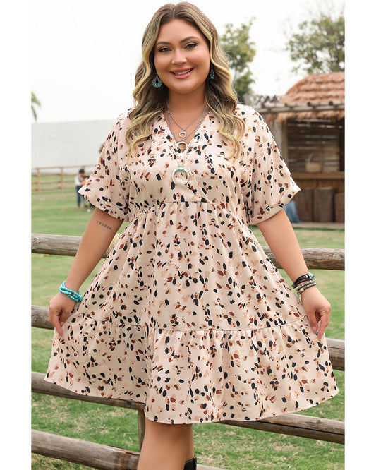 Beige Printed Surplice V Neck Cuffed Sleeve Empire Waist Plus Size Dress - 1X