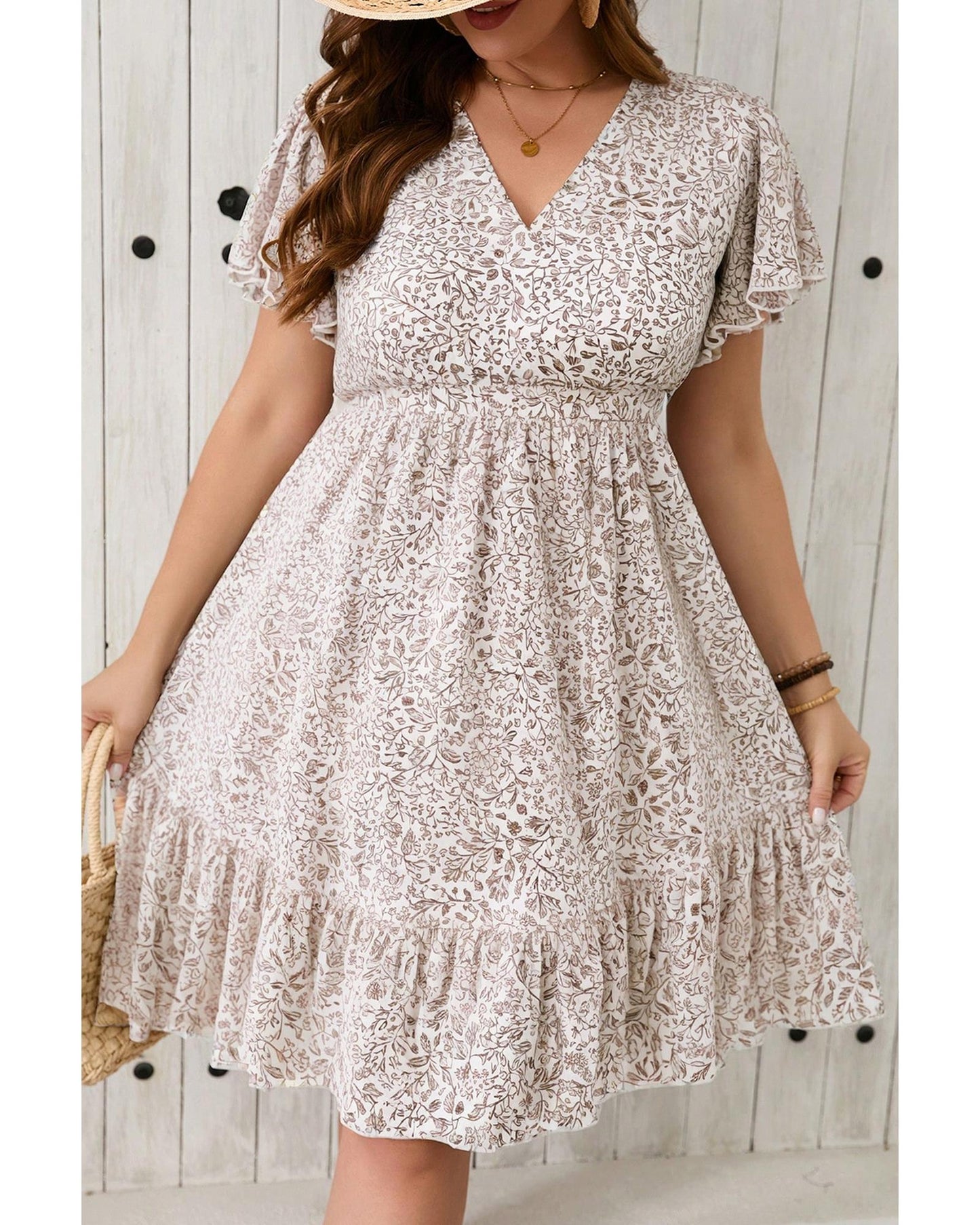 Floral V Neck Ruffled Short Sleeve Dress