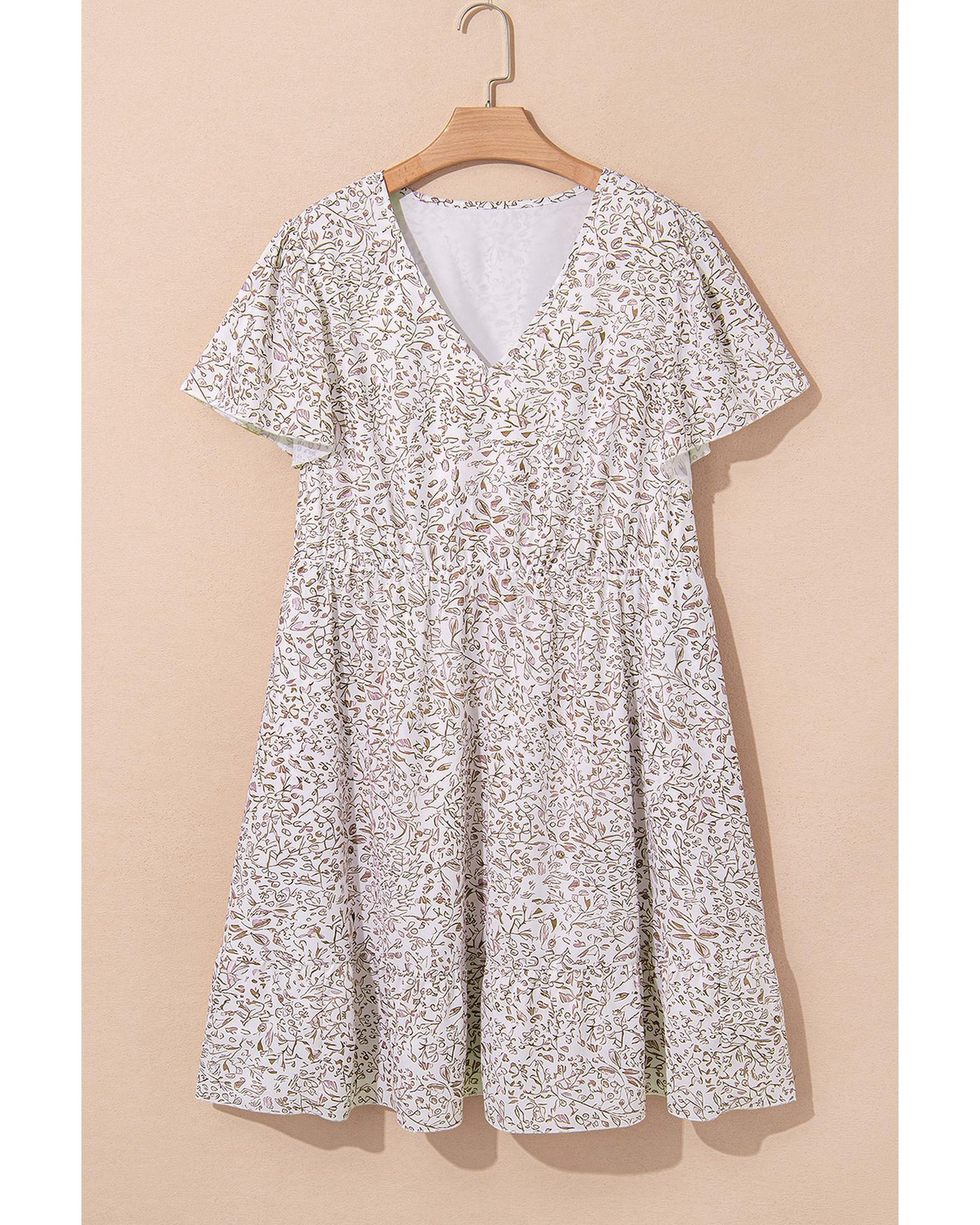 Floral V Neck Ruffled Short Sleeve Dress