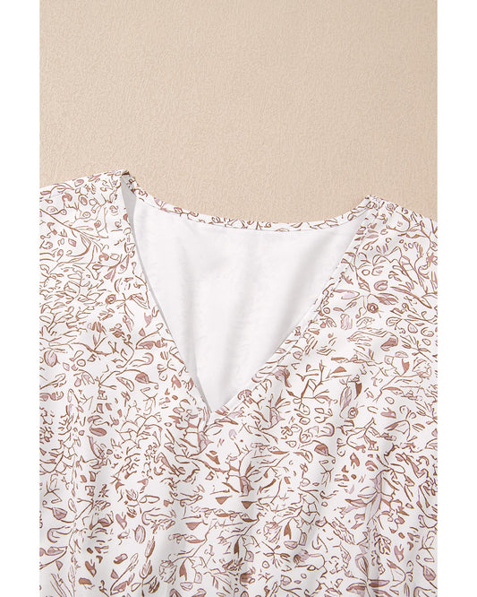 White Floral V Neck Ruffled Short Sleeve Plus Size Dress - 1X