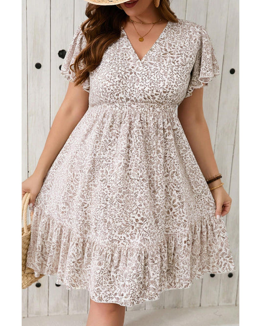 White Floral V Neck Ruffled Short Sleeve Plus Size Dress - 4X