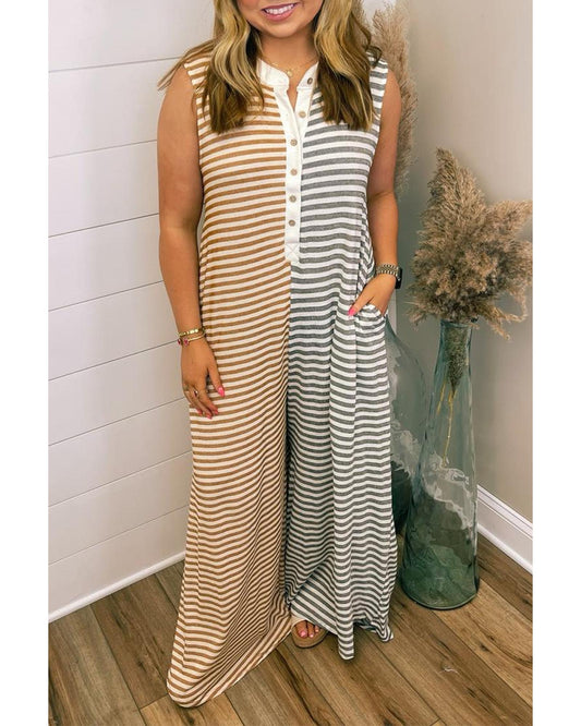 Gray Stripe Plus Size Buttoned Wide Leg Jumpsuit