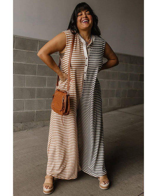 Gray Stripe Plus Size Buttoned Wide Leg Jumpsuit