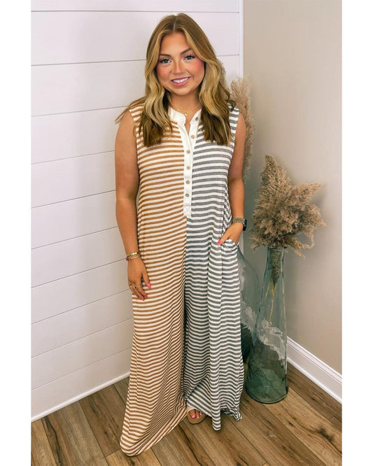 Gray Stripe Plus Size Buttoned Wide Leg Jumpsuit