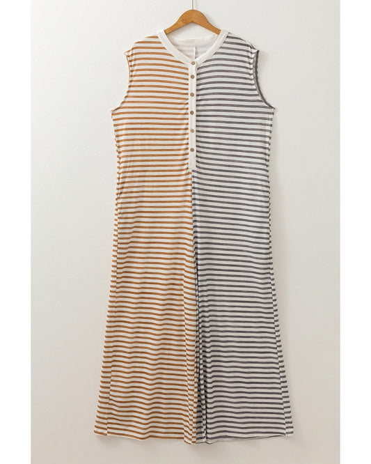 Gray Stripe Plus Size Buttoned Wide Leg Jumpsuit