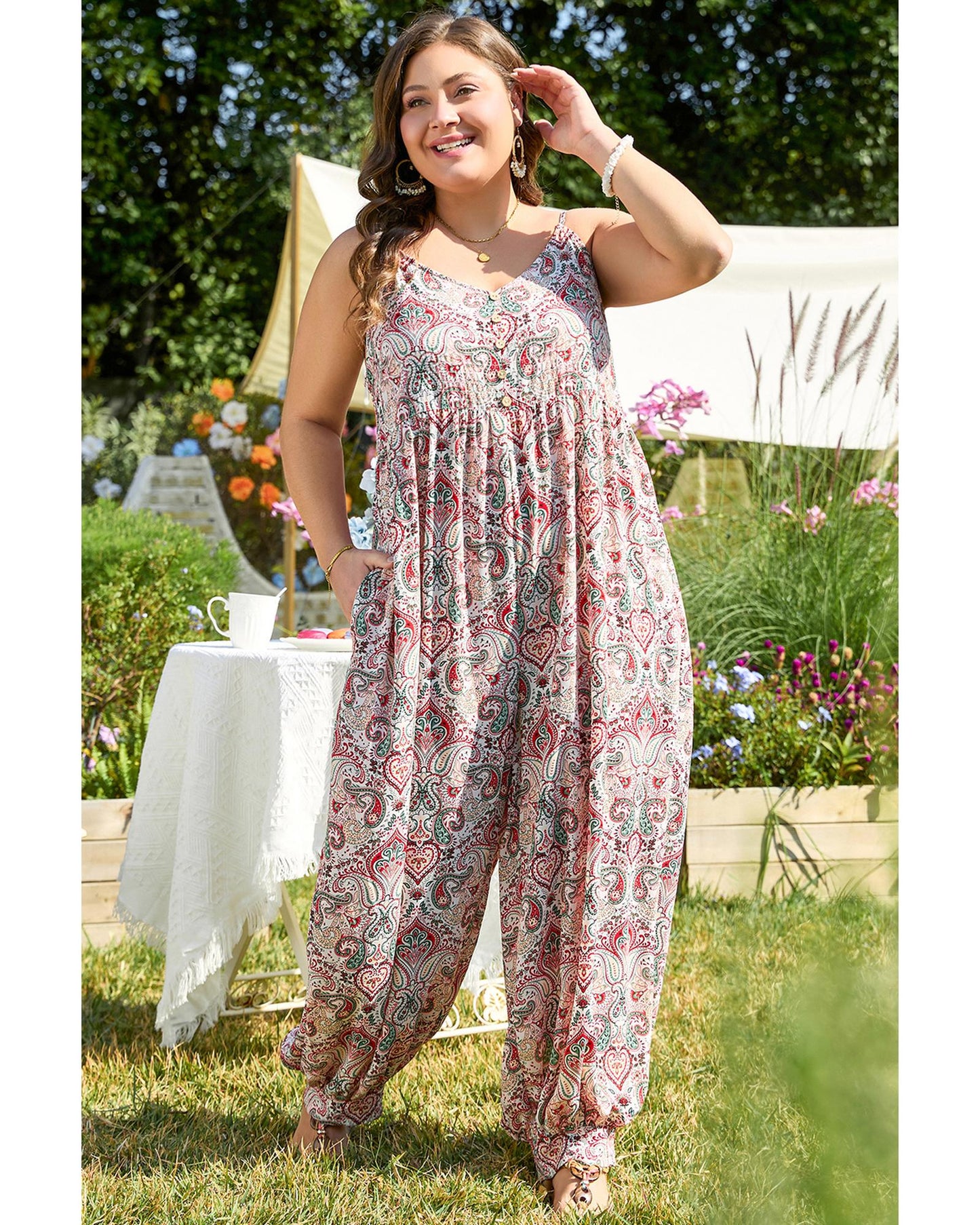 Plus-size Paisley Print Sleeveless Jumpsuit