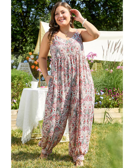Plus-size Paisley Print Sleeveless Jumpsuit