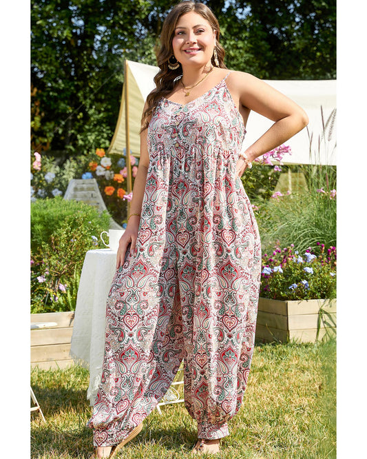 Plus-size Paisley Print Sleeveless Jumpsuit