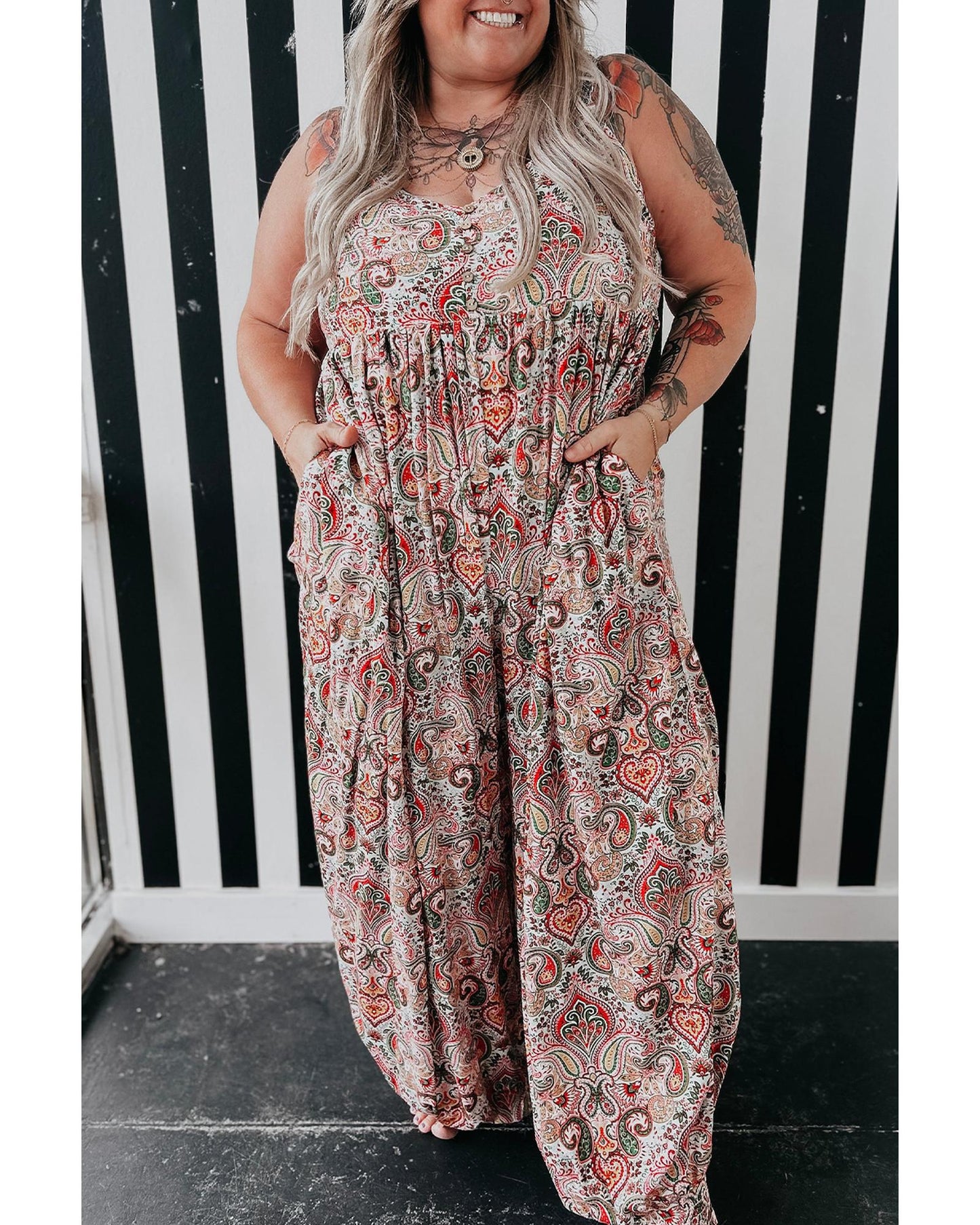 Plus-size Paisley Print Sleeveless Jumpsuit