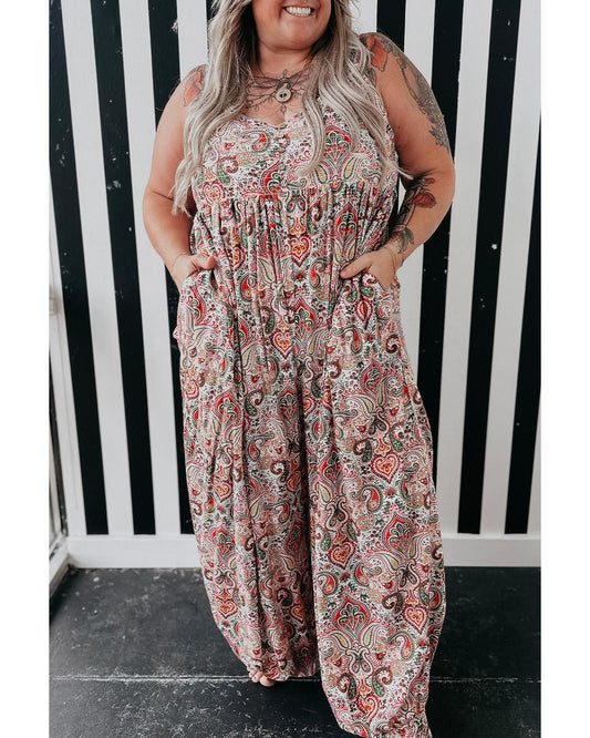 Plus-size Paisley Print Sleeveless Jumpsuit