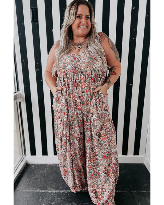 Plus-size Paisley Print Sleeveless Jumpsuit