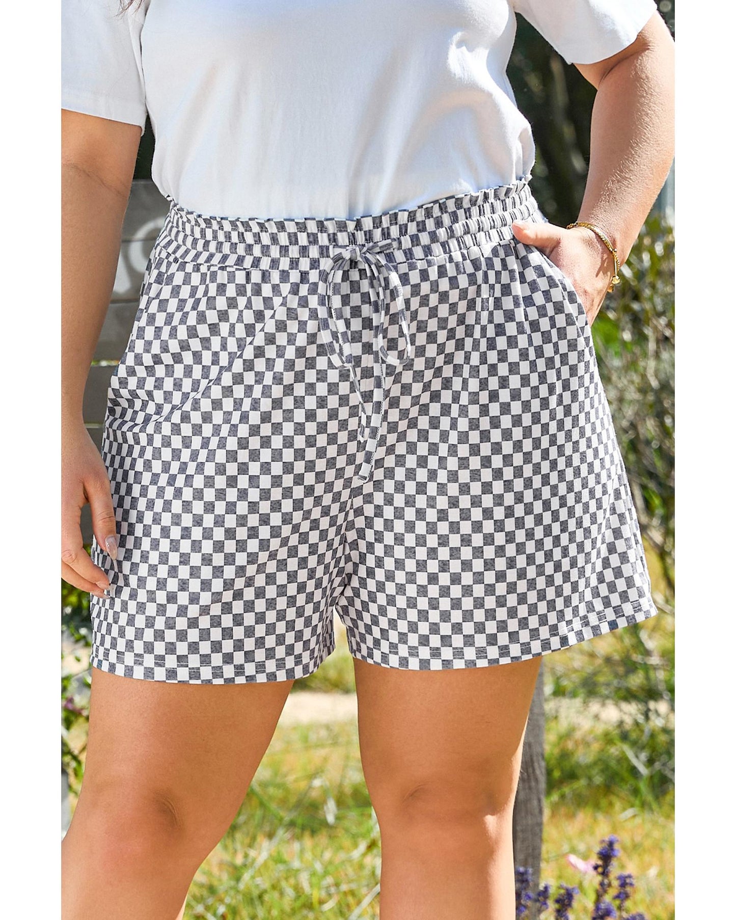 Plus Size Checkerboard Lace-Up High Waist Shorts