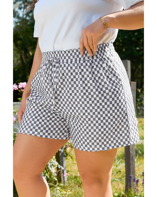 Plus Size Checkerboard Lace-Up High Waist Shorts