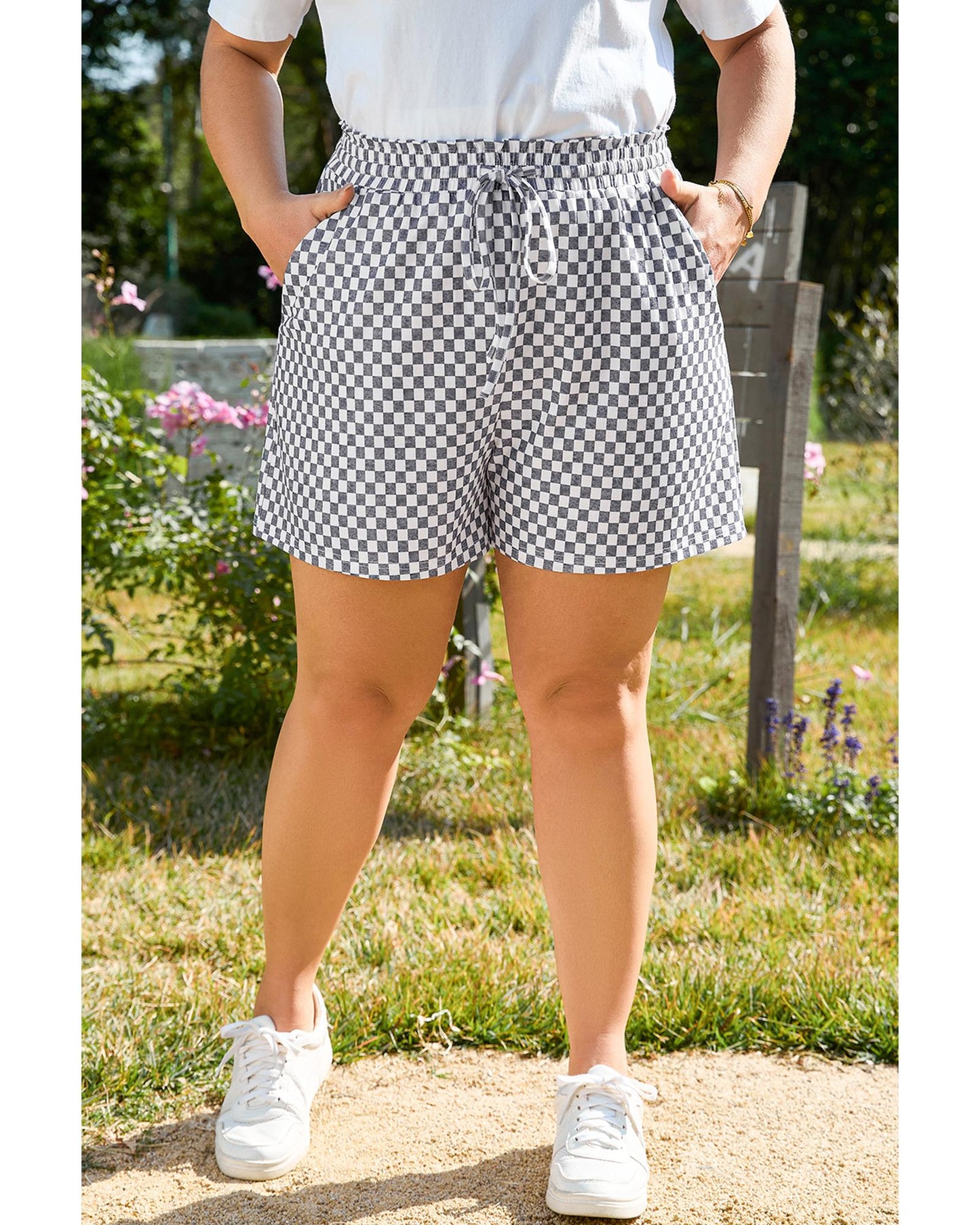 Plus Size Checkerboard Lace-Up High Waist Shorts