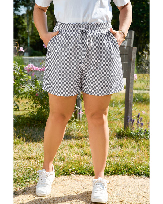 Plus Size Checkerboard Lace-Up High Waist Shorts