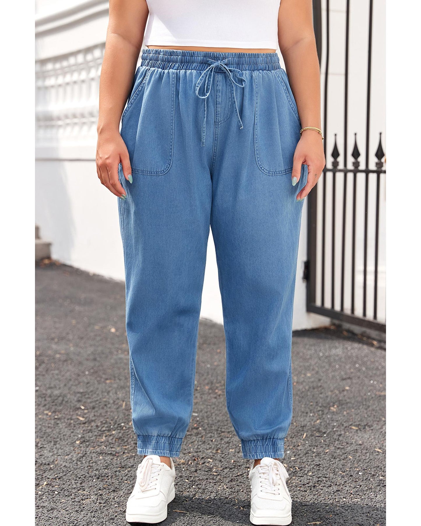 Drawstring Waist Pocketed Denim Joggers