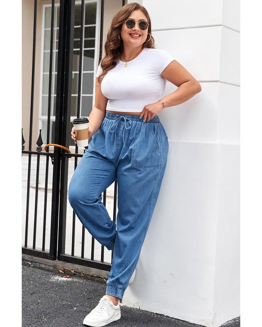 Drawstring Waist Pocketed Denim Joggers