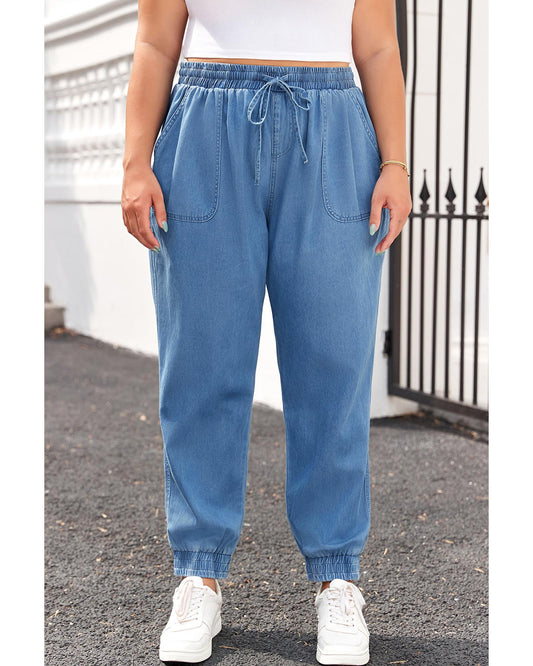 Drawstring Waist Pocketed Denim Joggers
