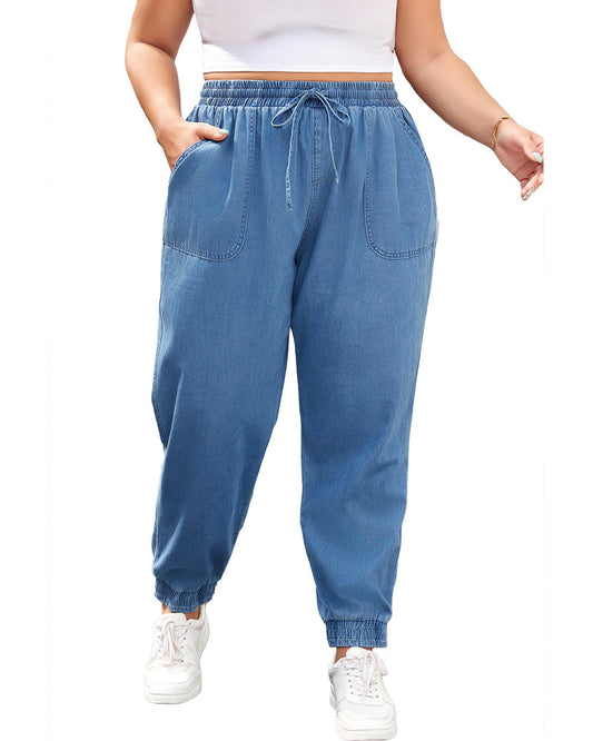 Drawstring Waist Pocketed Denim Joggers
