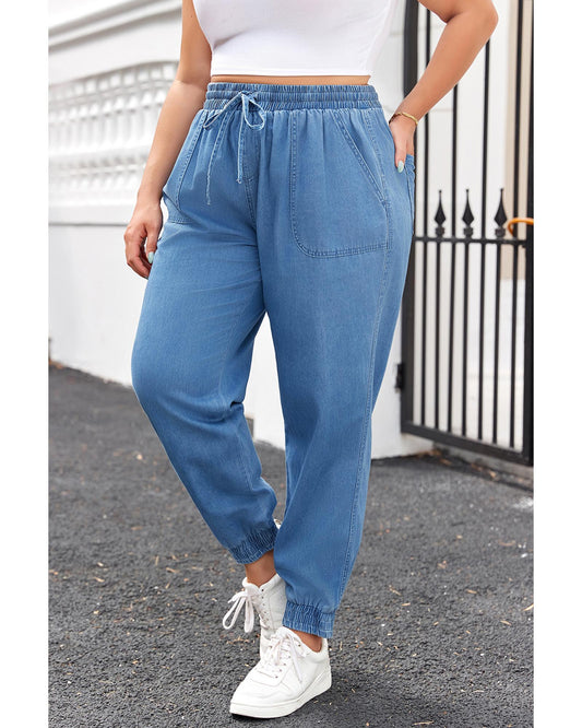 Drawstring Waist Pocketed Denim Joggers