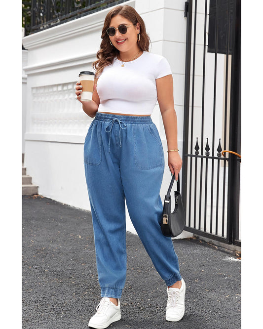Drawstring Waist Pocketed Denim Joggers