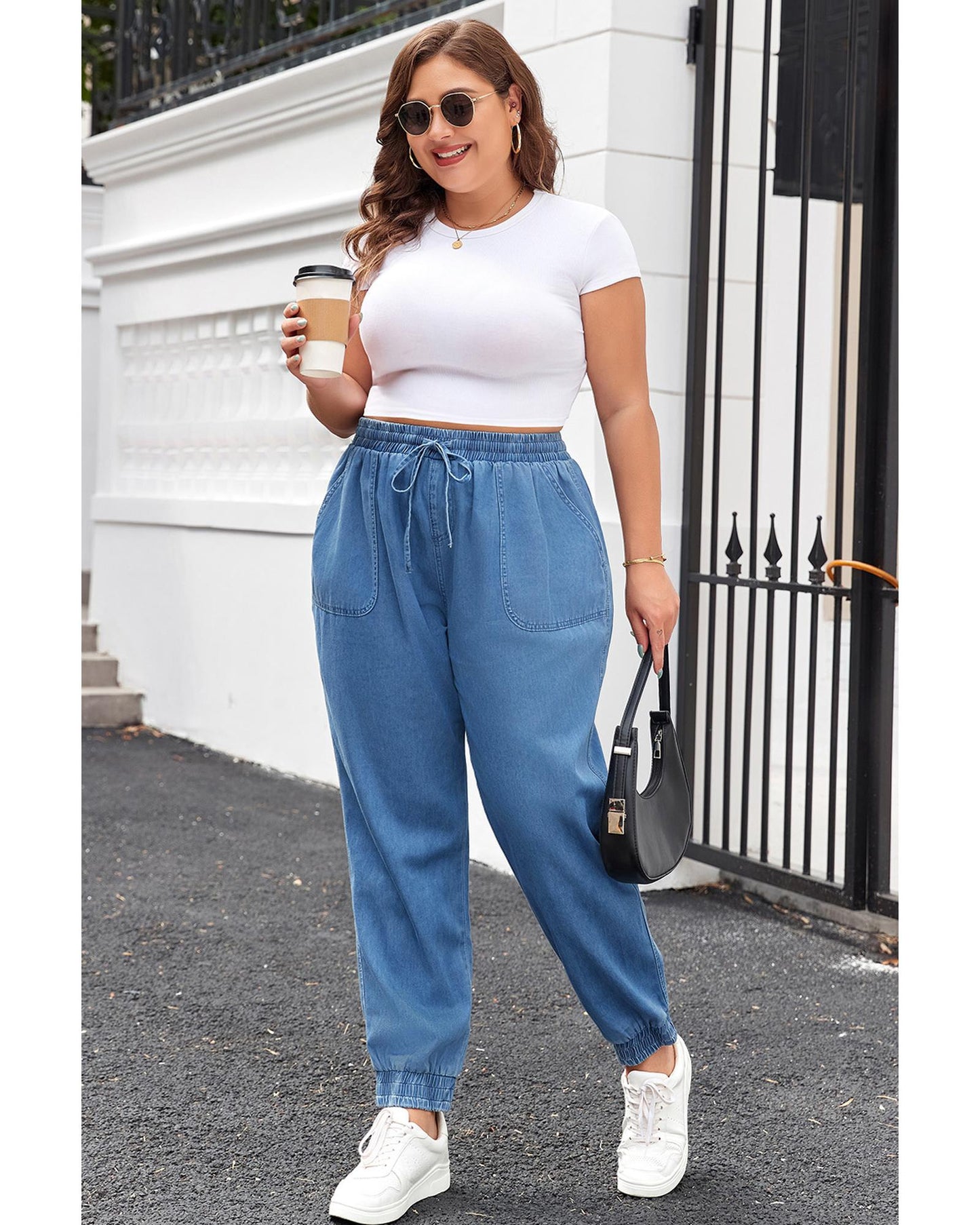 Drawstring Waist Pocketed Denim Joggers
