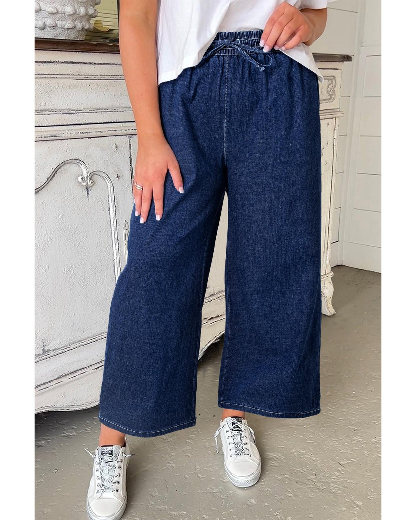 Plus Size Drawstring High Waist Wide Leg Casual Jeans