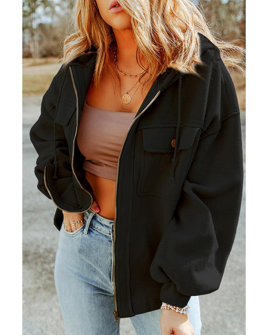 Plus Size Bishop Sleeve Zip Up Hooded Jacket