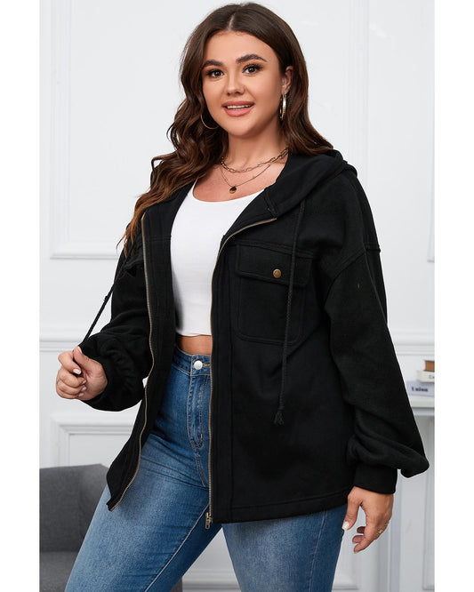 Plus Size Bishop Sleeve Zip Up Hooded Jacket