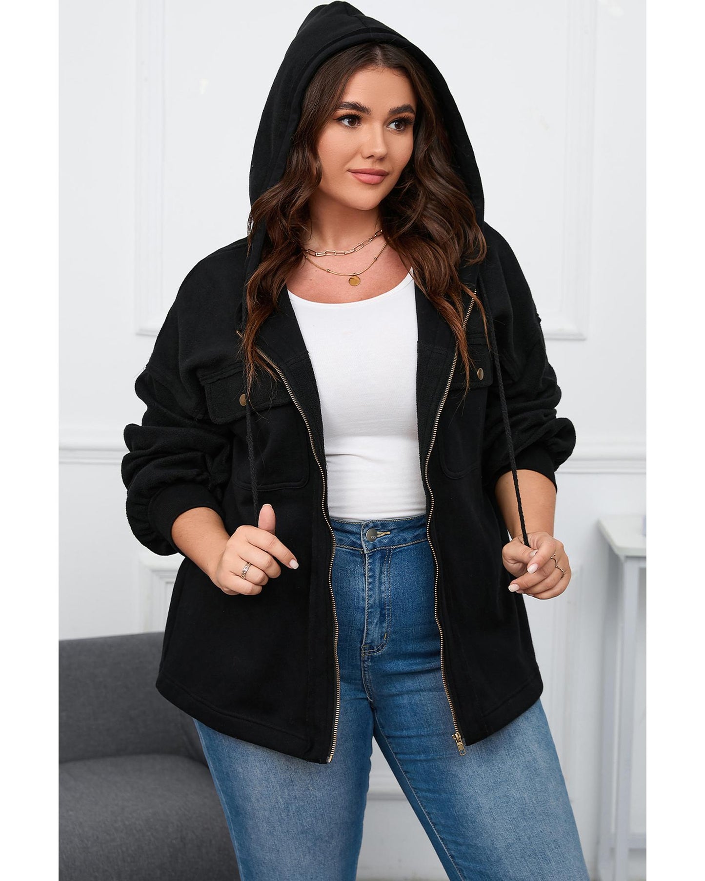 Plus Size Bishop Sleeve Zip Up Hooded Jacket