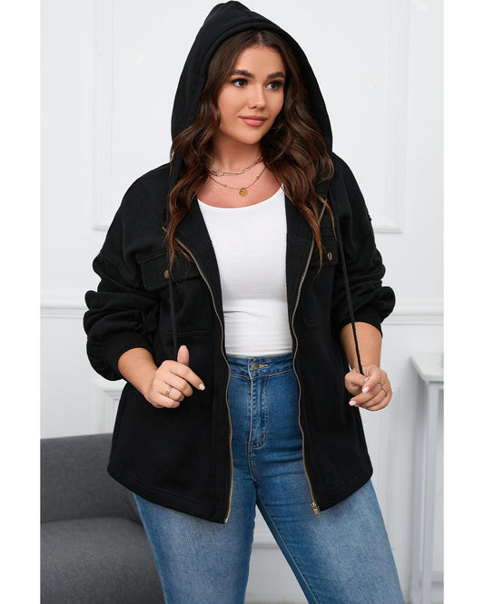 Plus Size Bishop Sleeve Zip Up Hooded Jacket