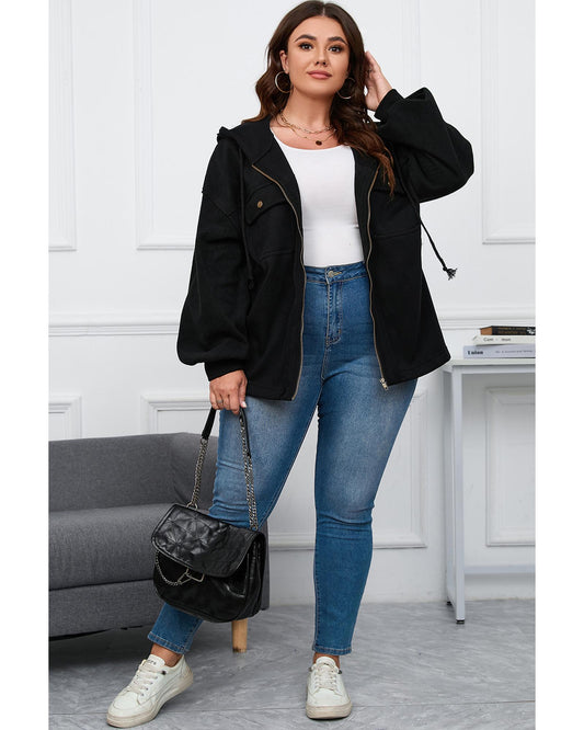 Plus Size Bishop Sleeve Zip Up Hooded Jacket