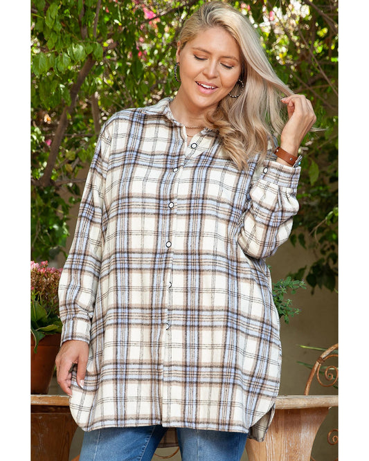 Plus Size White Plaid Print Tunic Shacket