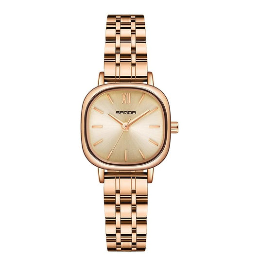Women Oval Dial Quartz Watch with Simple Bar Scale and Stylish Metal Belt