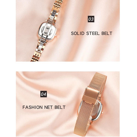 Women Oval Dial Quartz Watch with Simple Bar Scale and Stylish Metal Belt