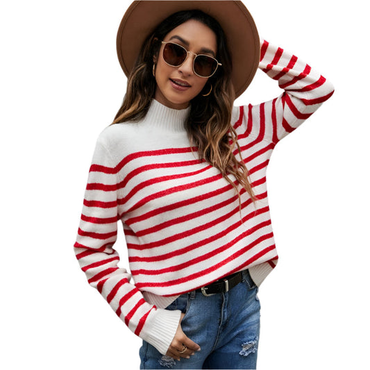 Striped Knitwear Loose Stand-Up Collar Sweater