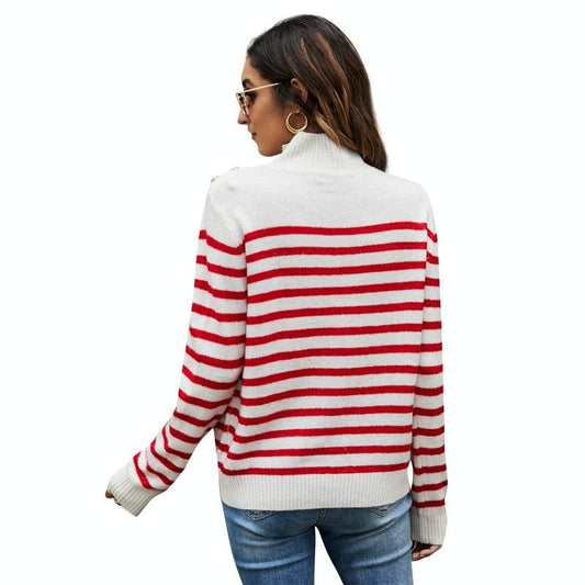 Striped Knitwear Loose Stand-Up Collar Sweater